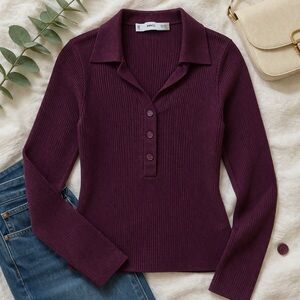 Mango Ribbed Knit Henley Top Small Burgundy Button Collared Fitted Sweater